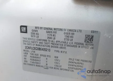 2011 Chevrolet Equinox Ls z USA, uszkodzony, nr VIN 2CNFLCEC8B6405213